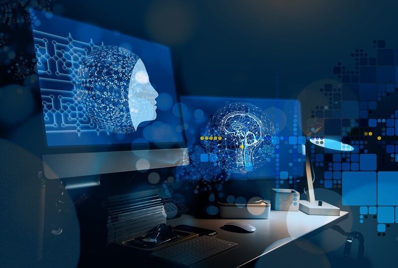 Ilustrasi laptop dengan ikon AI dan jaringan neural
